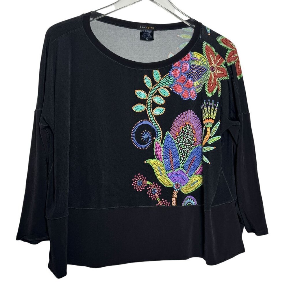 Eva Varro slinky jersey top black size small dolman sleeves bright print shirt - Picture 7 of 7